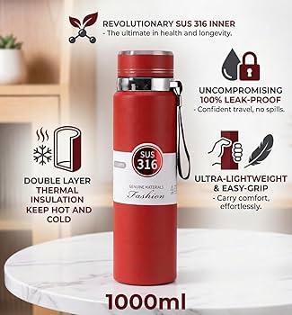 Slim Stainless Steel Water Bottle Premium Quality Long Lasting Insulation Leakproof | Random Color | 1000ml