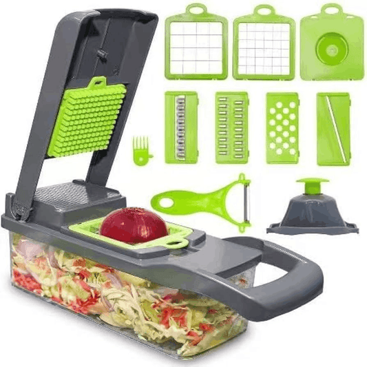 16-in-1 black and green vegetable chopper with container and interchangeable blades