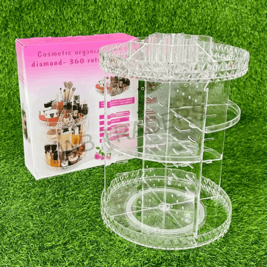 Transparent rotating makeup storage organizer on dressing table