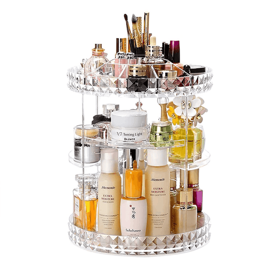 360-degree rotating diamond-cut makeup and cosmetic organizer