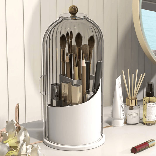360-degree rotating makeup brush organizer with clear dust cover