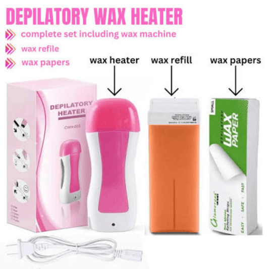 3-in-1 pink roll-on wax heater kit with wax refill cartridge and waxing papers
