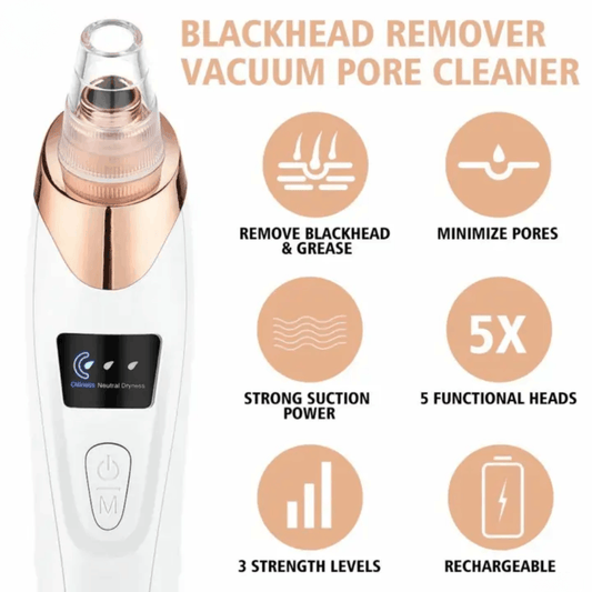 Electric blackhead remover vacuum with 5 suction heads and USB charging cable