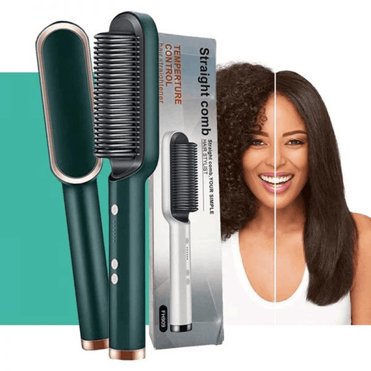 Green electric hair straightener brush with heated comb teeth