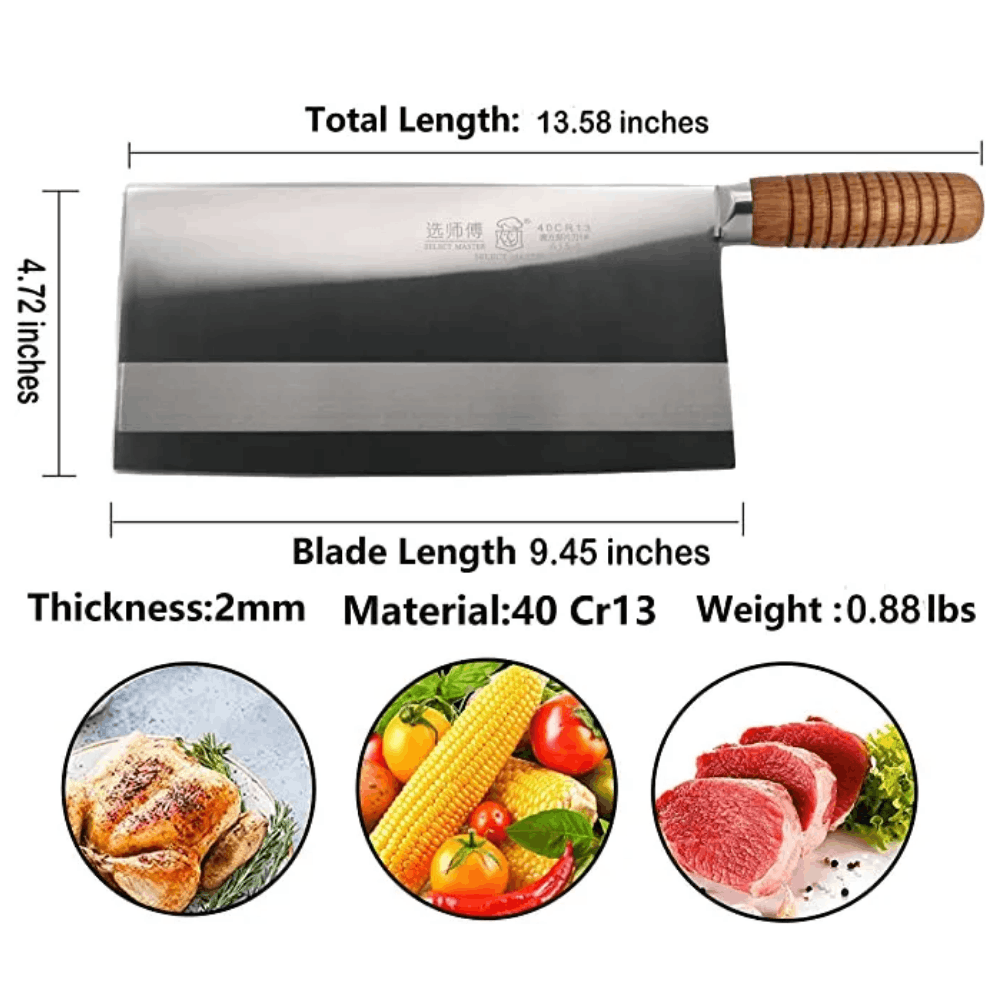 Wide meat preparation knife with traditional wooden handle