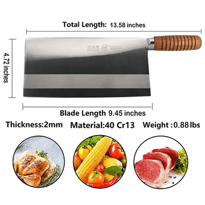 Wide meat preparation knife with traditional wooden handle