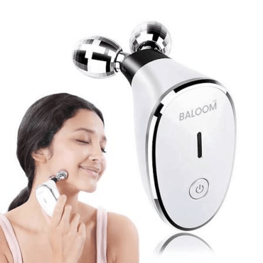 White microcurrent facial massager with dual rotating metal rollers