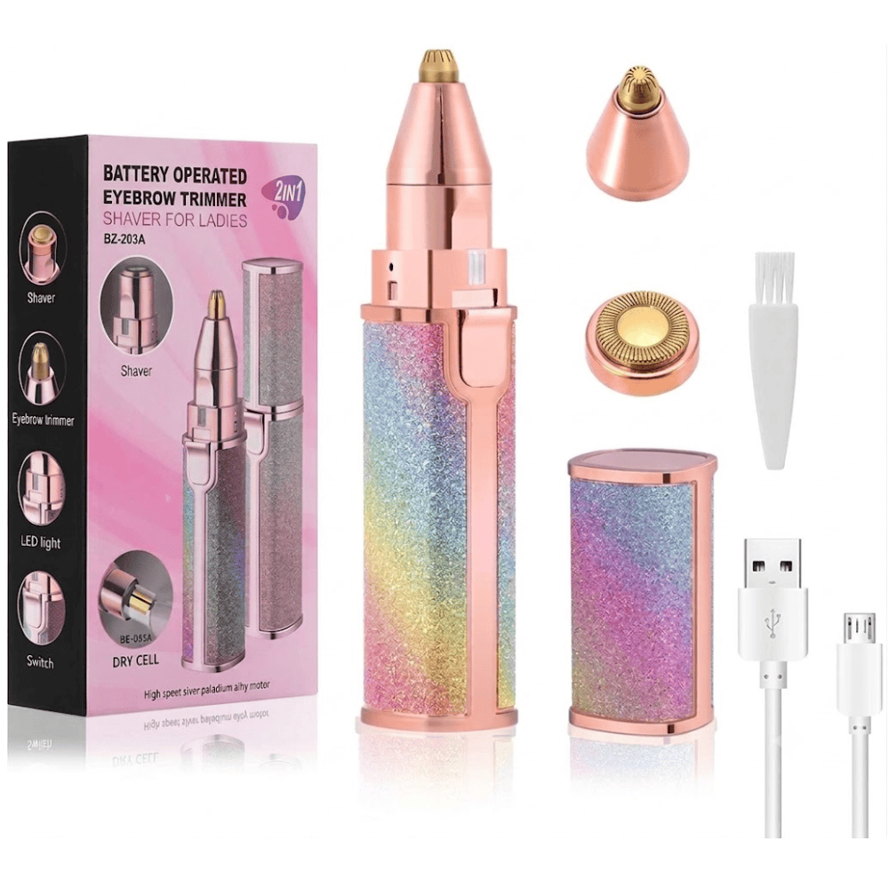 Rose-gold 2-in-1 rechargeable eyebrow trimmer and facial hair remover with interchangeable heads and USB cable
