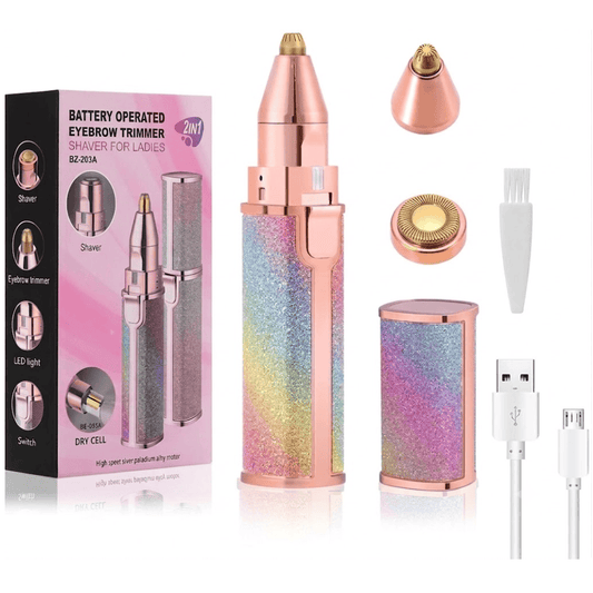 Rose-gold 2-in-1 rechargeable eyebrow trimmer and facial hair remover with interchangeable heads and USB cable