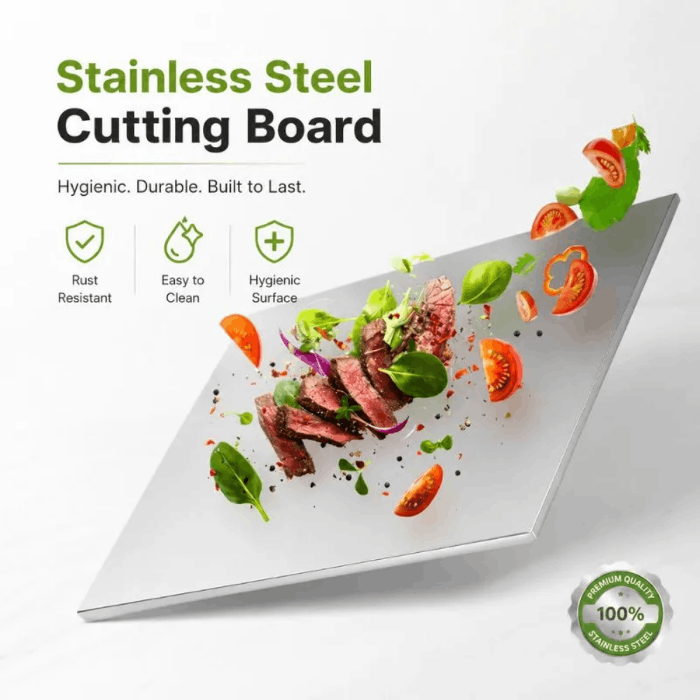 Heavy-duty stainless steel chopping board for kitchen food preparation