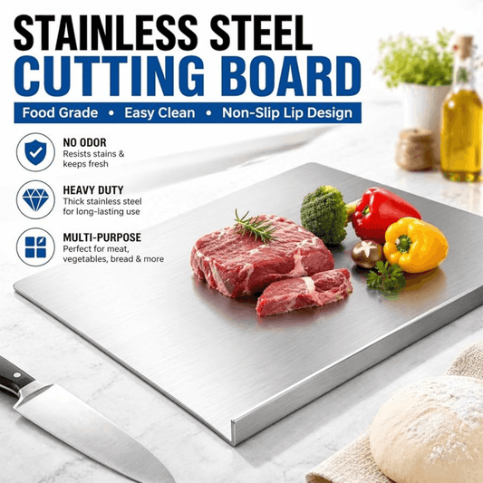 Premium stainless steel cutting board with sliced vegetables and kitchen knife