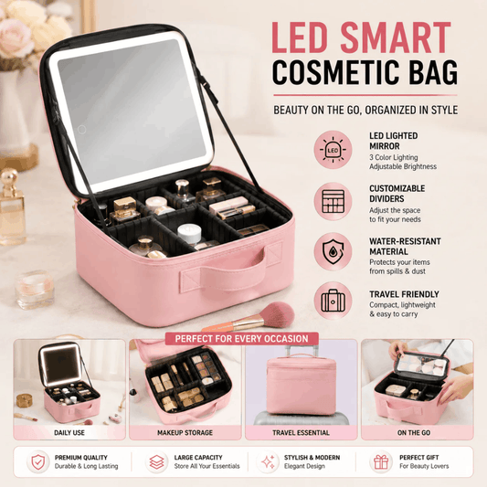 Open makeup organizer with divided interior and lighted mirror