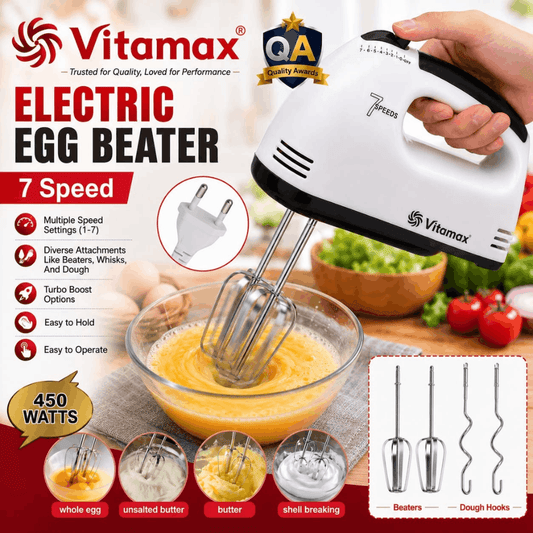 Vitamax 450W 7-speed electric hand mixer with stainless-steel beaters and dough hooks